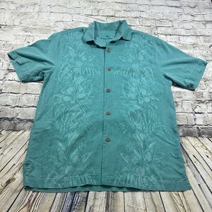 Tommy Bahama Shirt Mens Medium Green Floral Hawaiian Button Up Casual‎ Beach